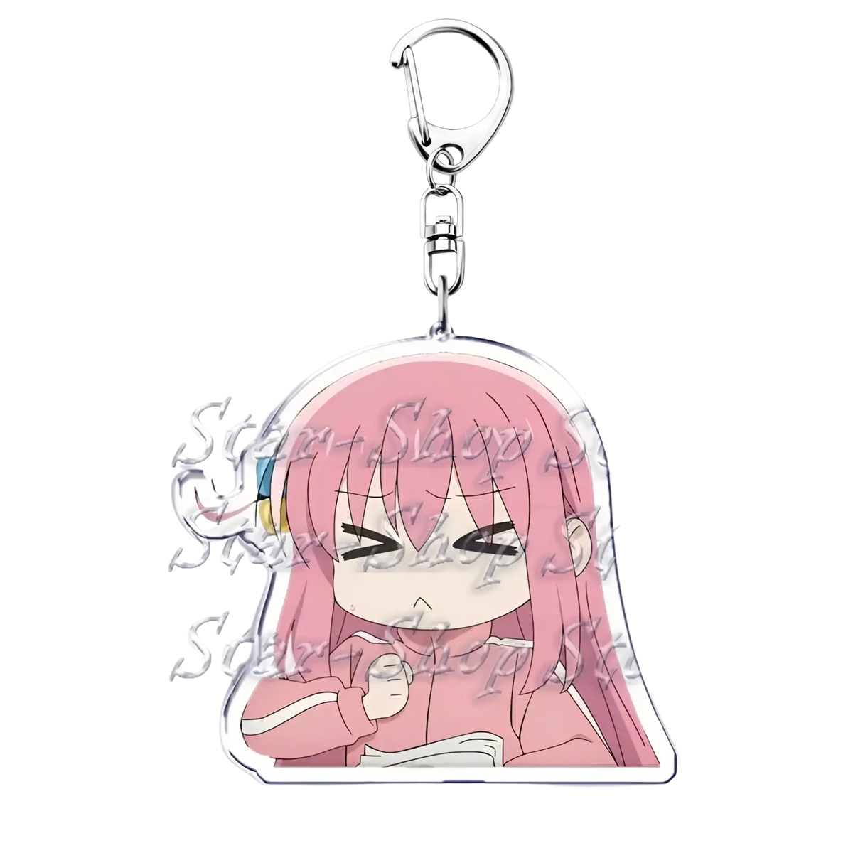 Pink-haired anime character acrylic keychain from Bocchi the Rock with clear body and silver metal clasp