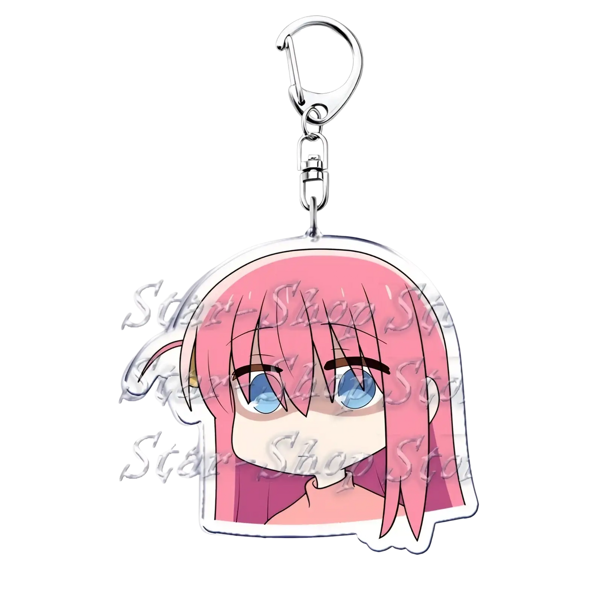Pink-haired anime character acrylic keychain with blue eyes and purple collar from bocchi the rock collection