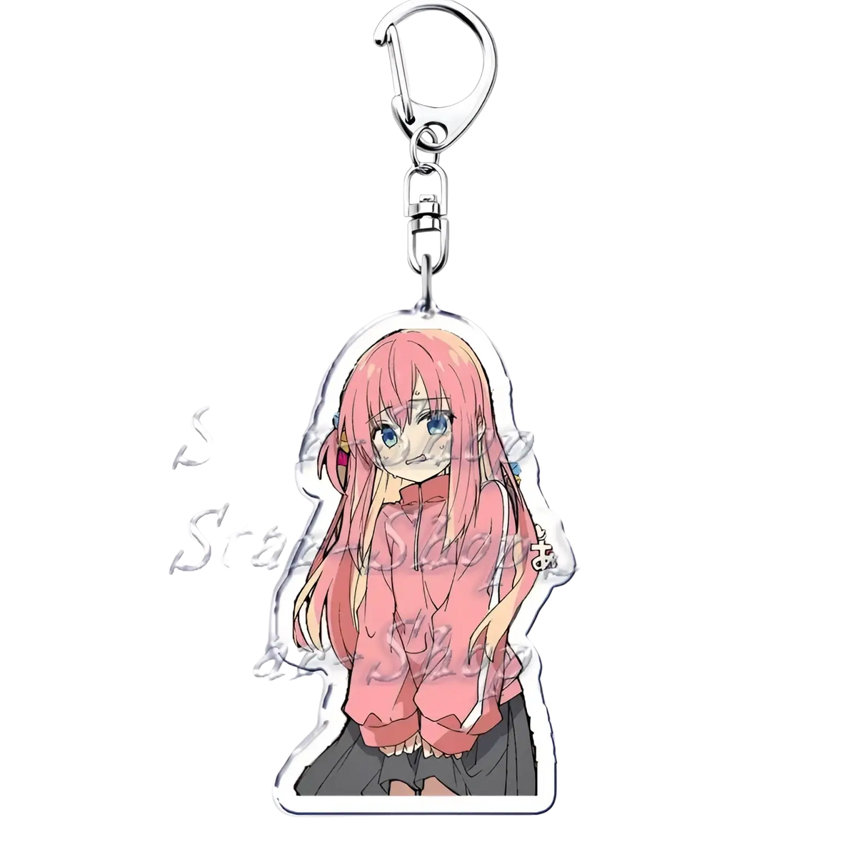 Pink-haired anime character keychain with clear acrylic body and silver metal clasp from bocchi the rock collection