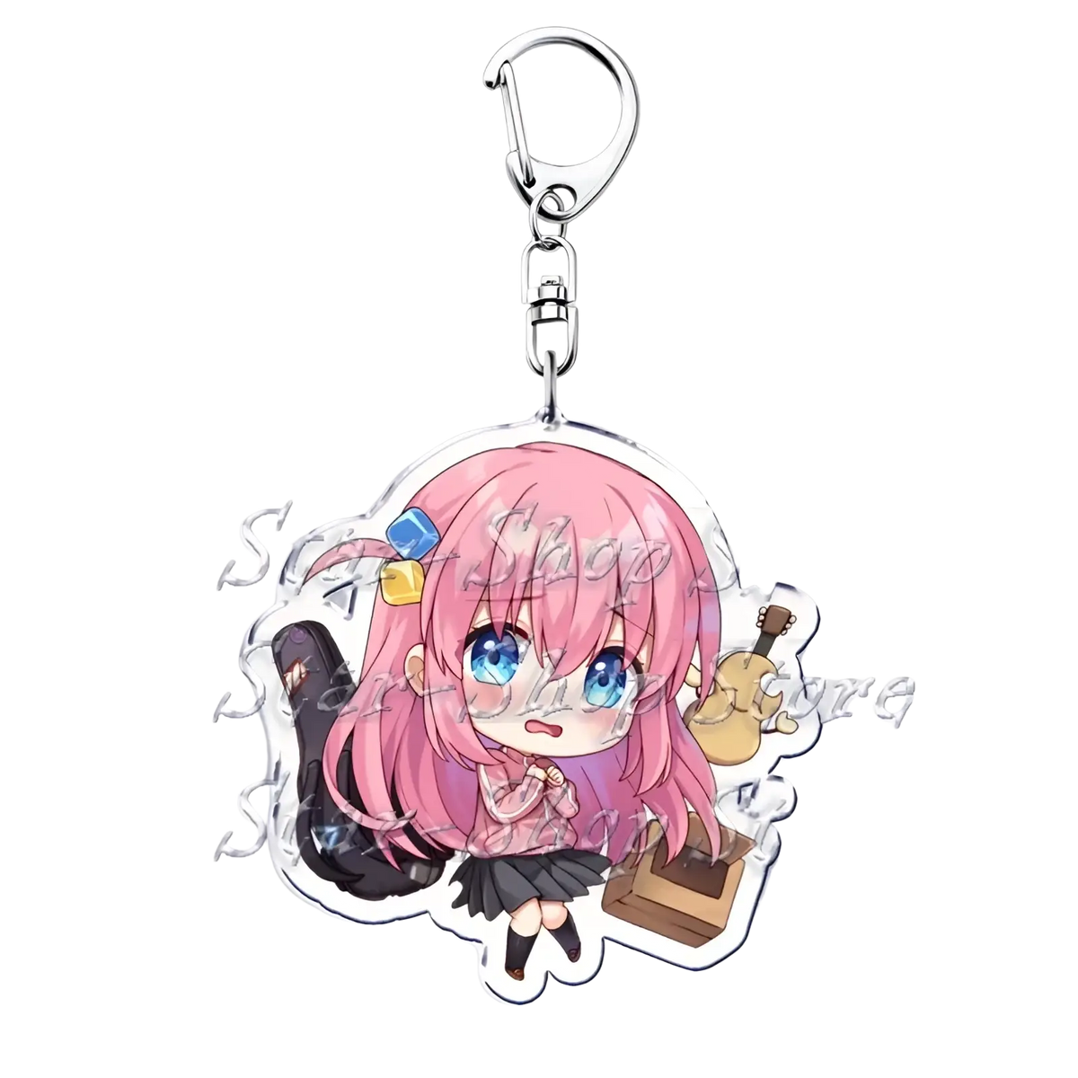 Anime character acrylic keychain featuring pink-haired chibi bocchi the rock with blue eyes in transparent material