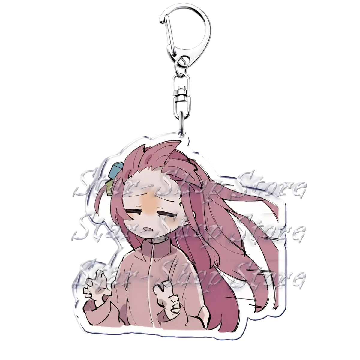 Pink-haired anime character acrylic keychain from bocchi the rock with transparent body and silver metal clip