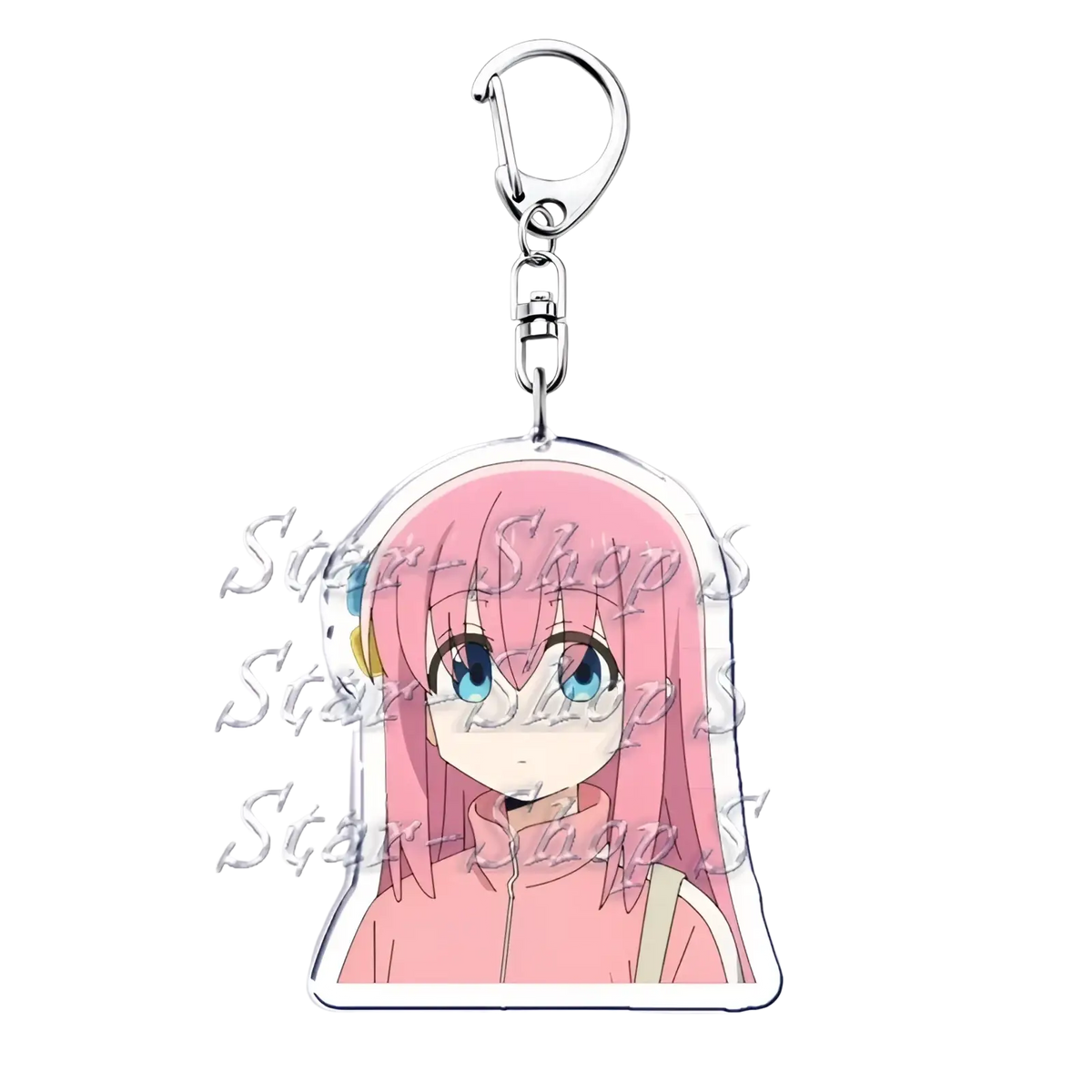 Pink-haired anime character acrylic keychain with blue eyes and pink jacket featuring silver metal clasp from Bocchi the Rock