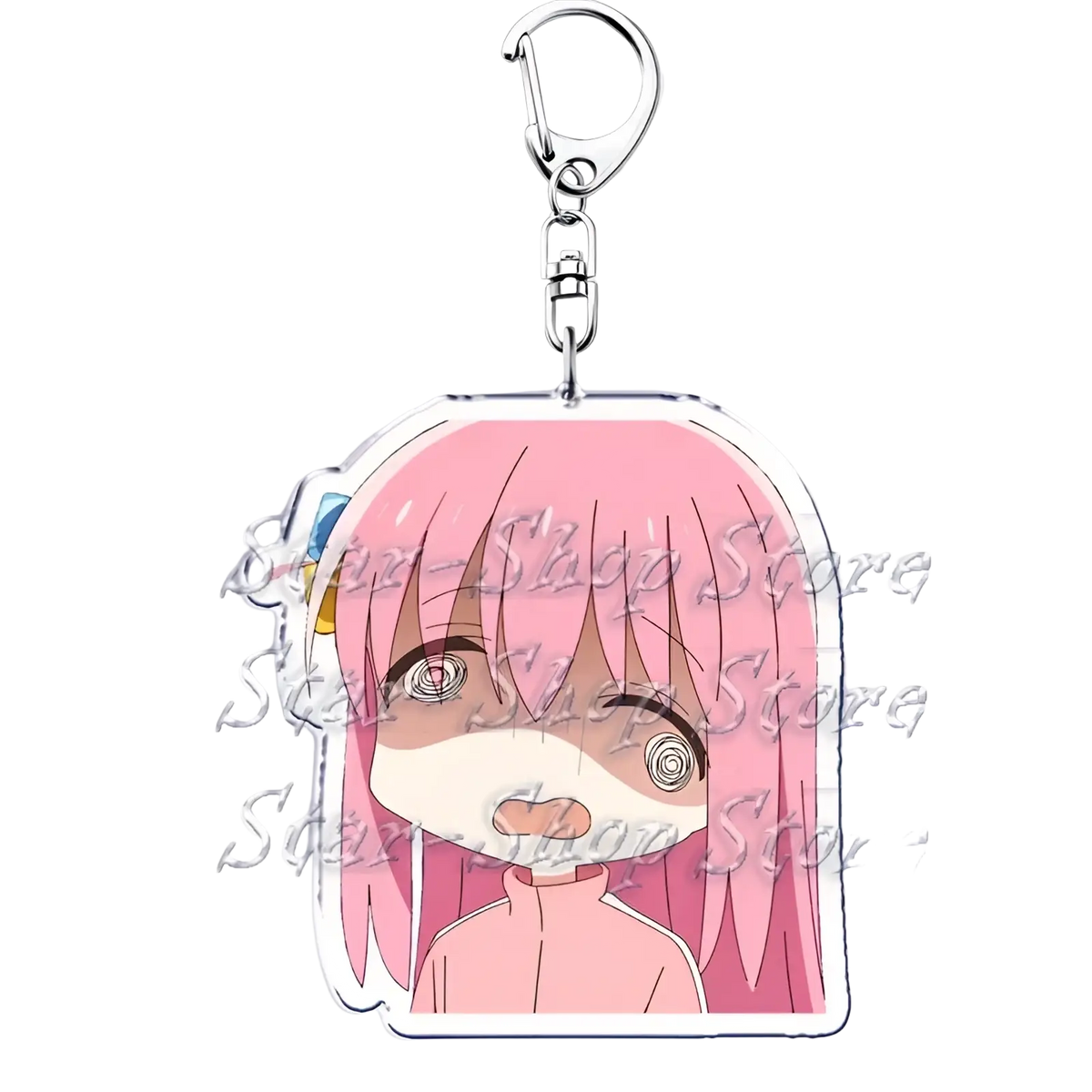 Pink-haired anime character acrylic keychain from Bocchi the Rock with clear body and silver metal clasp