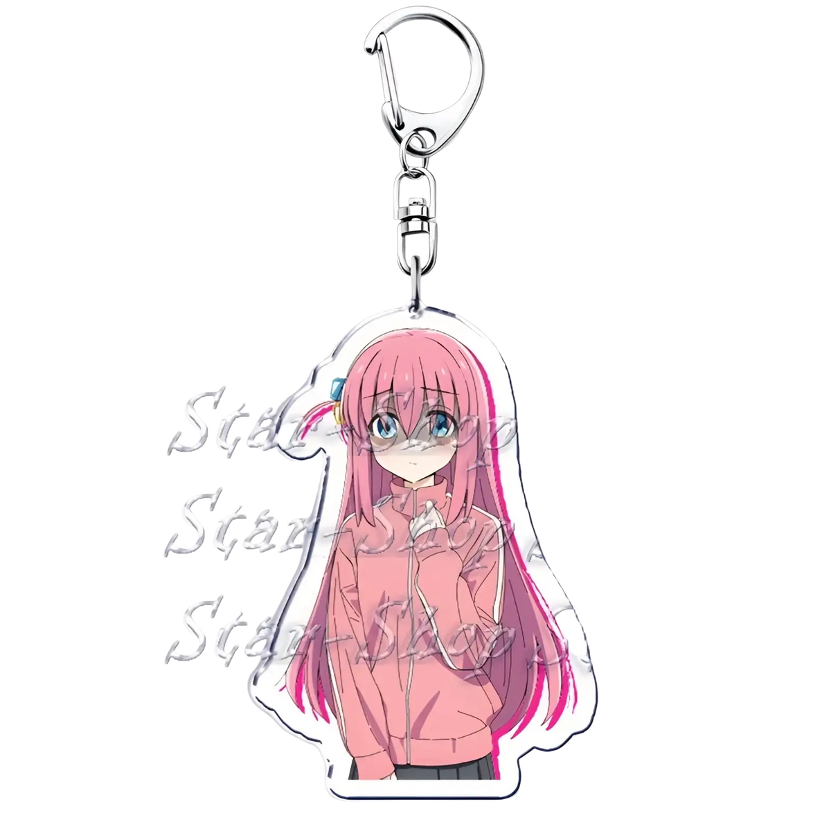 Pink-haired anime character acrylic keychain from Bocchi the Rock with clear acrylic body and silver metal clip