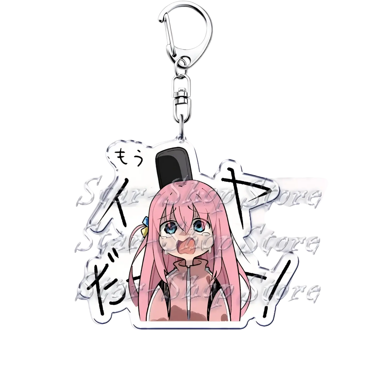 Anime character acrylic keychain featuring pink hair, black top hat, and silver metal clip from Bocchi the Rock