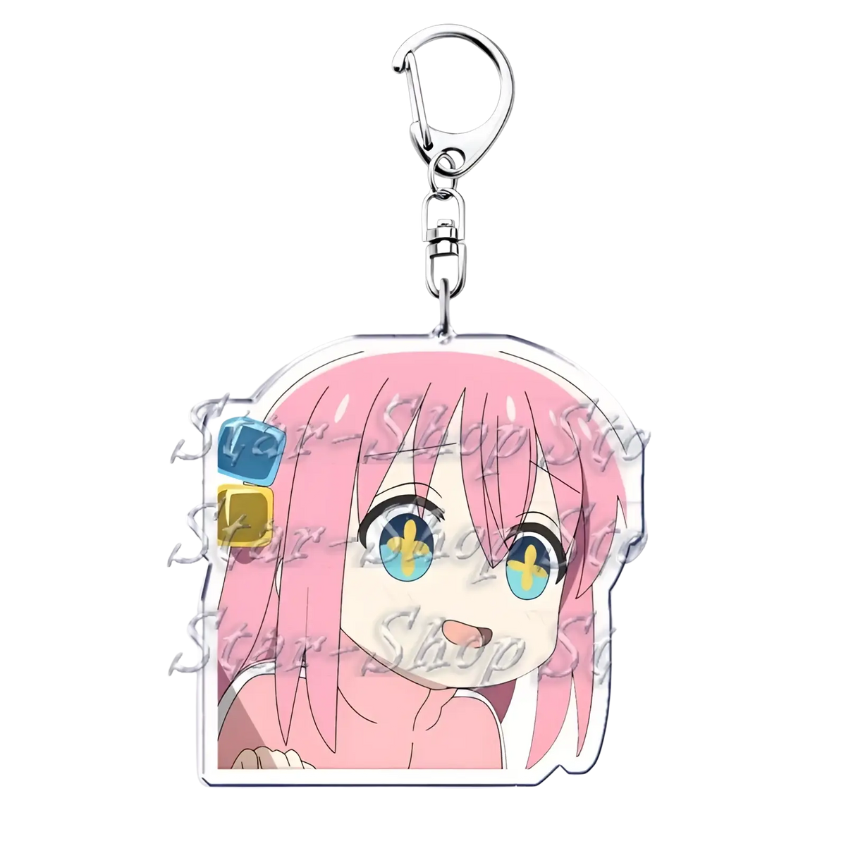 Pink-haired anime character acrylic keychain Bocchi the Rock with blue and yellow eyes and a silver metal clasp