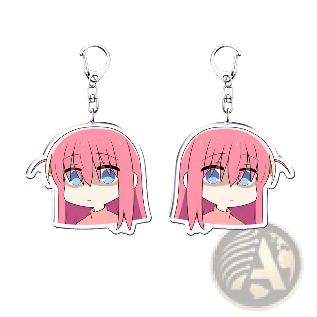 Anime character acrylic keychain featuring a pink-haired bocchi the rock character with blue eyes and white outline