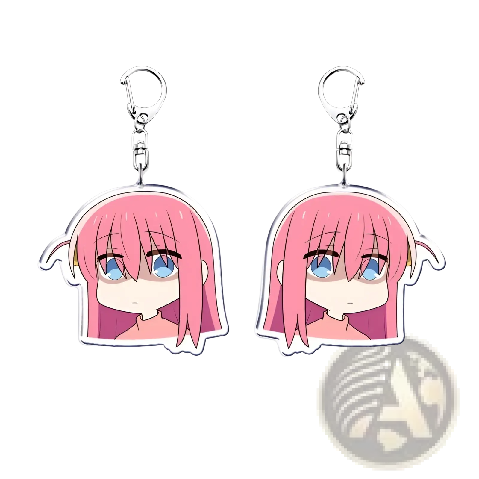 Anime character acrylic keychain featuring a pink-haired bocchi the rock character with blue eyes and white outline