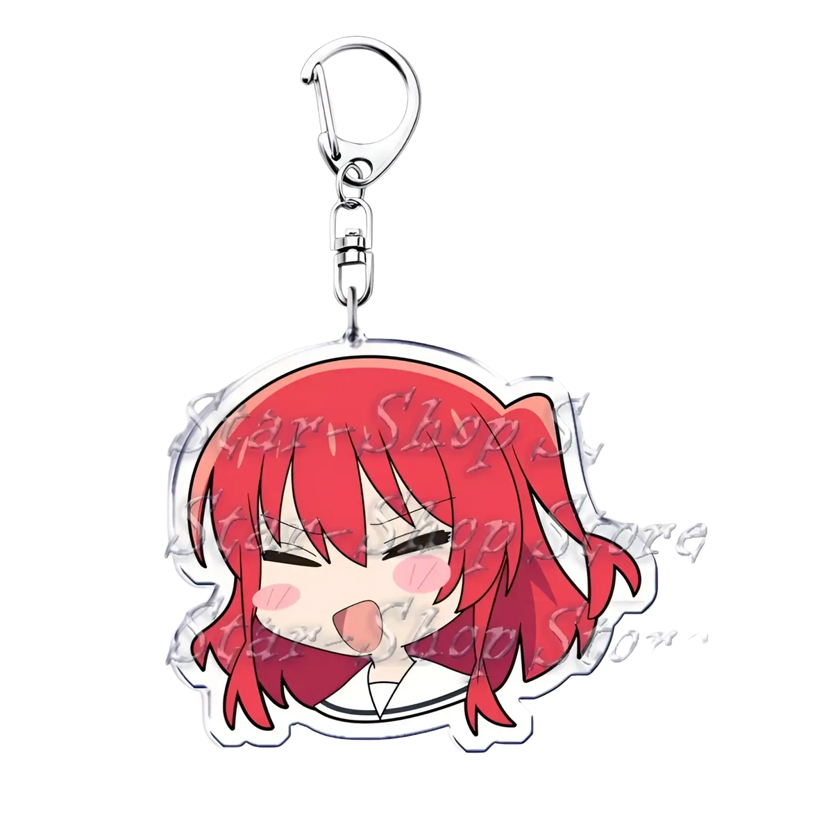 Red-haired anime character acrylic keychain from Bocchi the Rock with a clear body and silver metal clasp