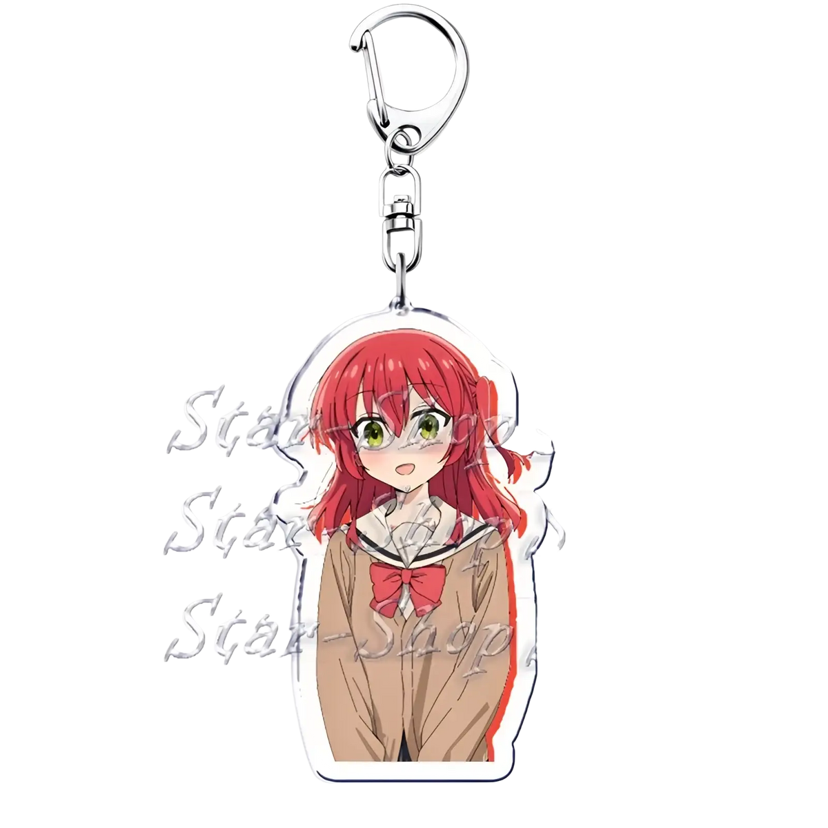 Red-haired anime girl keychain with green eyes in beige school uniform made of clear acrylic from Bocchi the Rock