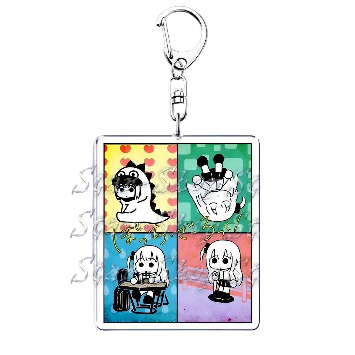 Square acrylic keychain with four colorful panels featuring k-on anime characters against a white background
