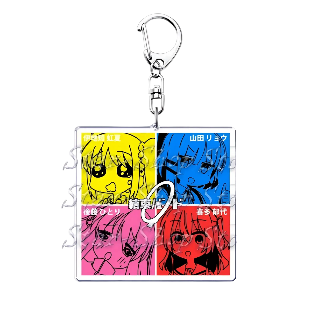 Square acrylic keychain featuring four anime characters in bold yellow blue pink and red panels from Bocchi the Rock