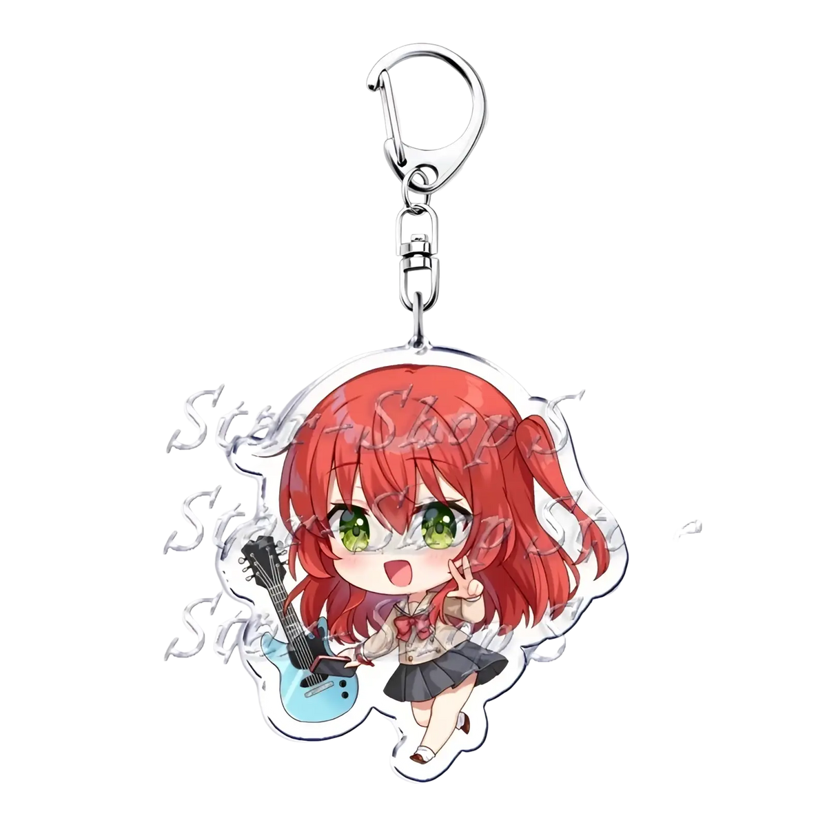 A translucent acrylic keychain featuring a chibi anime girl with red hair holding a light blue electric guitar from Bocchi the Rock