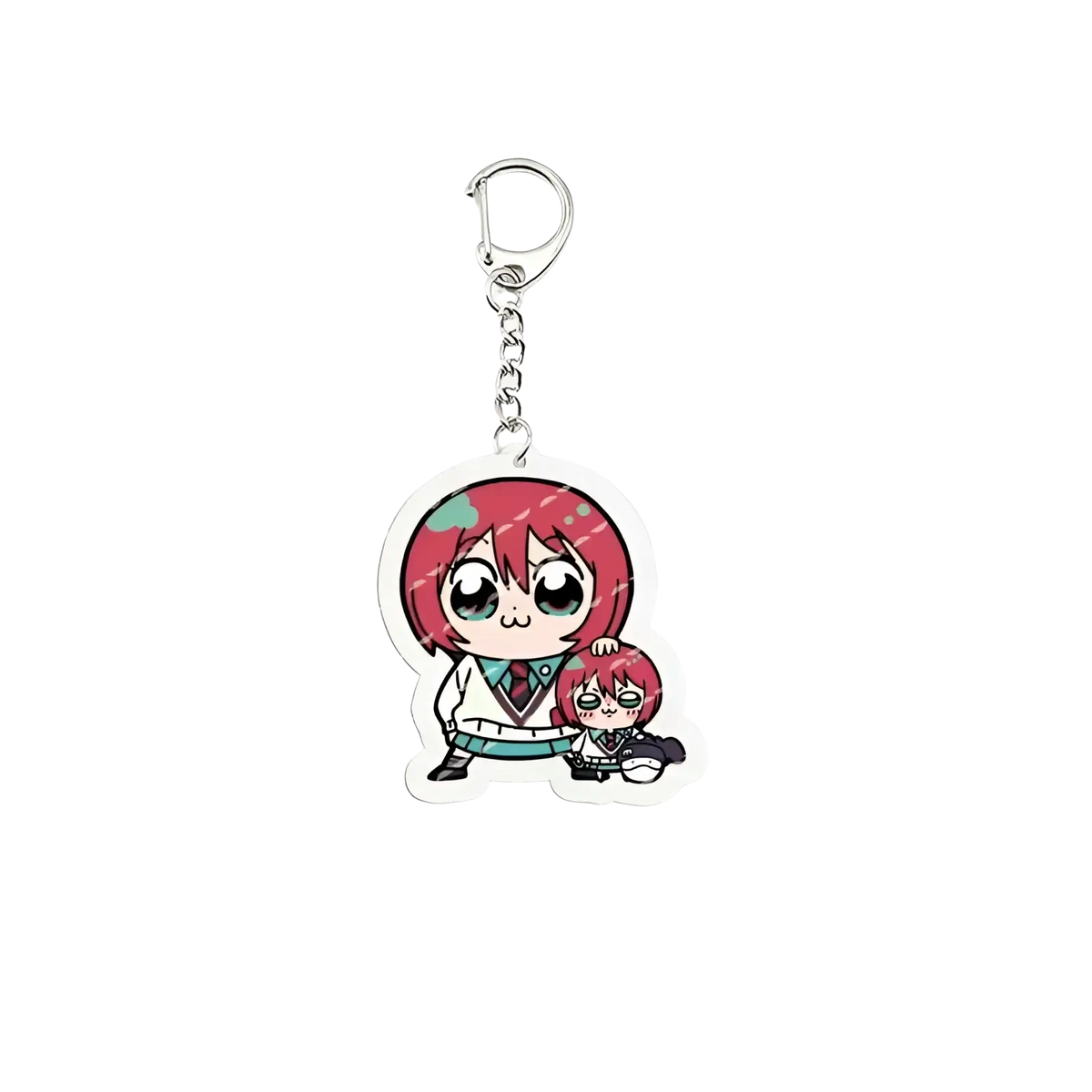 A clear acrylic anime chibi keychain featuring two red-haired characters in school uniforms