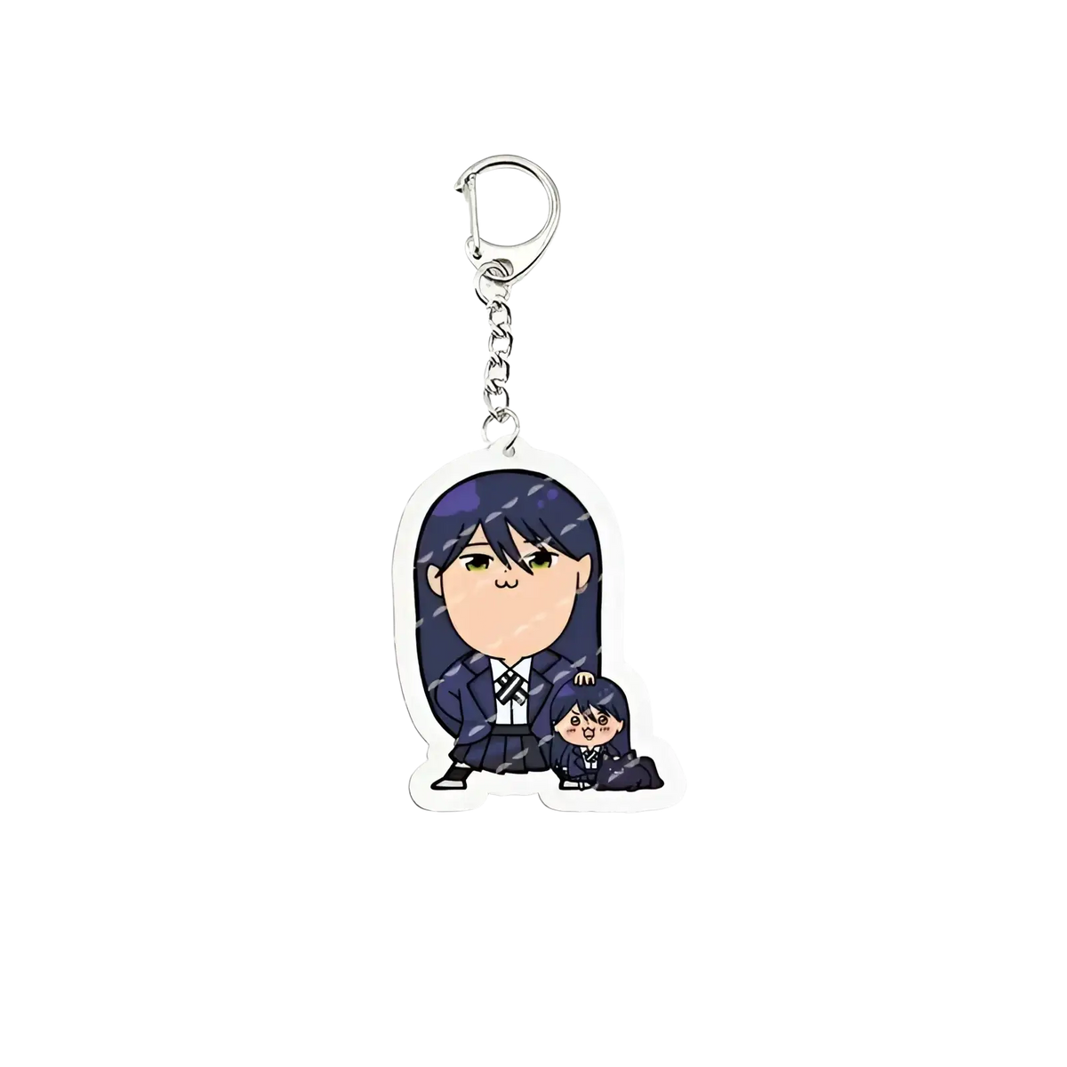 A clear acrylic anime chibi keychain featuring two dark blue haired characters in school uniforms on white shirts