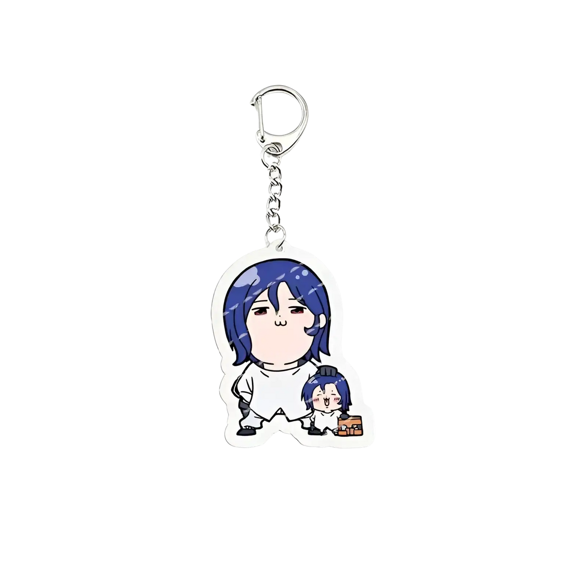 Clear acrylic anime chibi keychain featuring blue-haired character in white school uniform holding smaller version