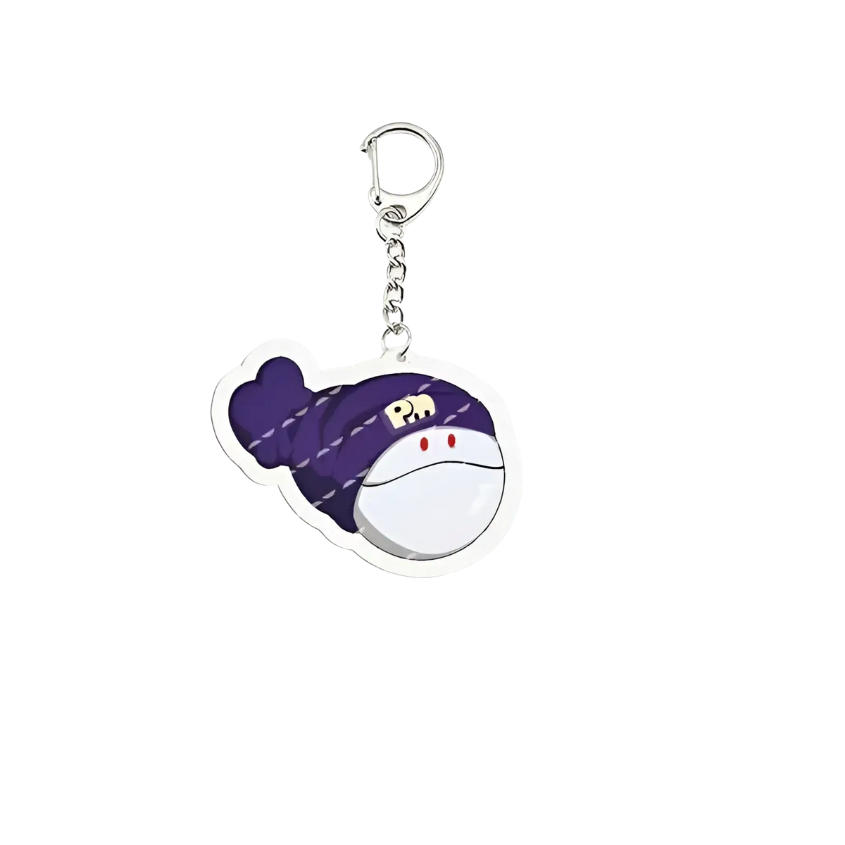 Purple and white acrylic anime chibi keychain featuring a cartoon character with red eyes in school uniform attire
