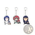 Three anime chibi acrylic keychains featuring vibrant hair colors and school uniforms for decorative use