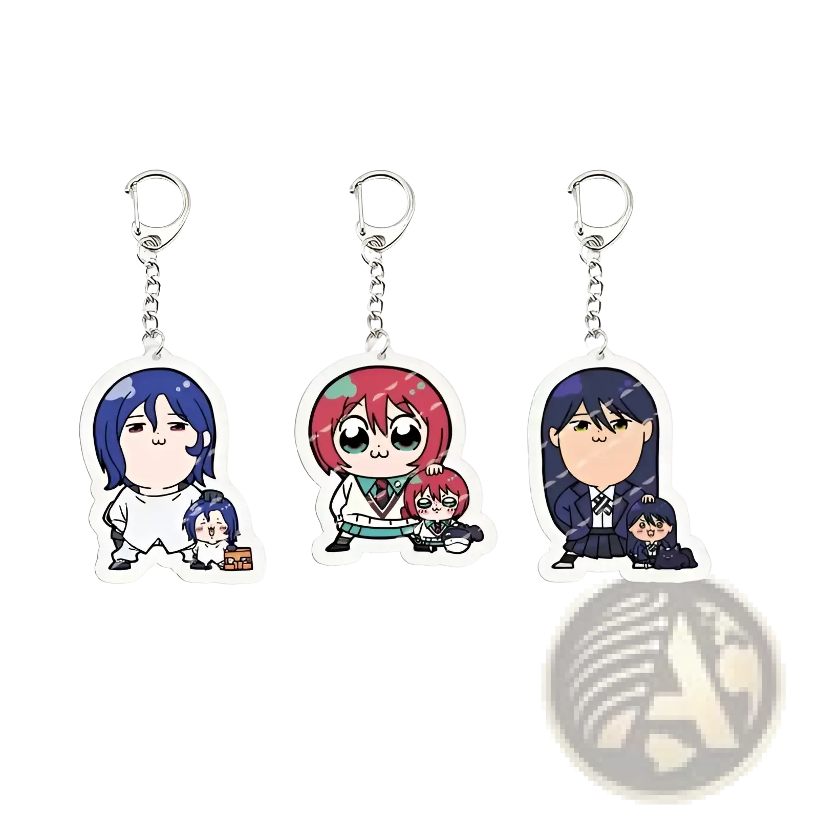 Three anime chibi acrylic keychains featuring vibrant hair colors and school uniforms for decorative use