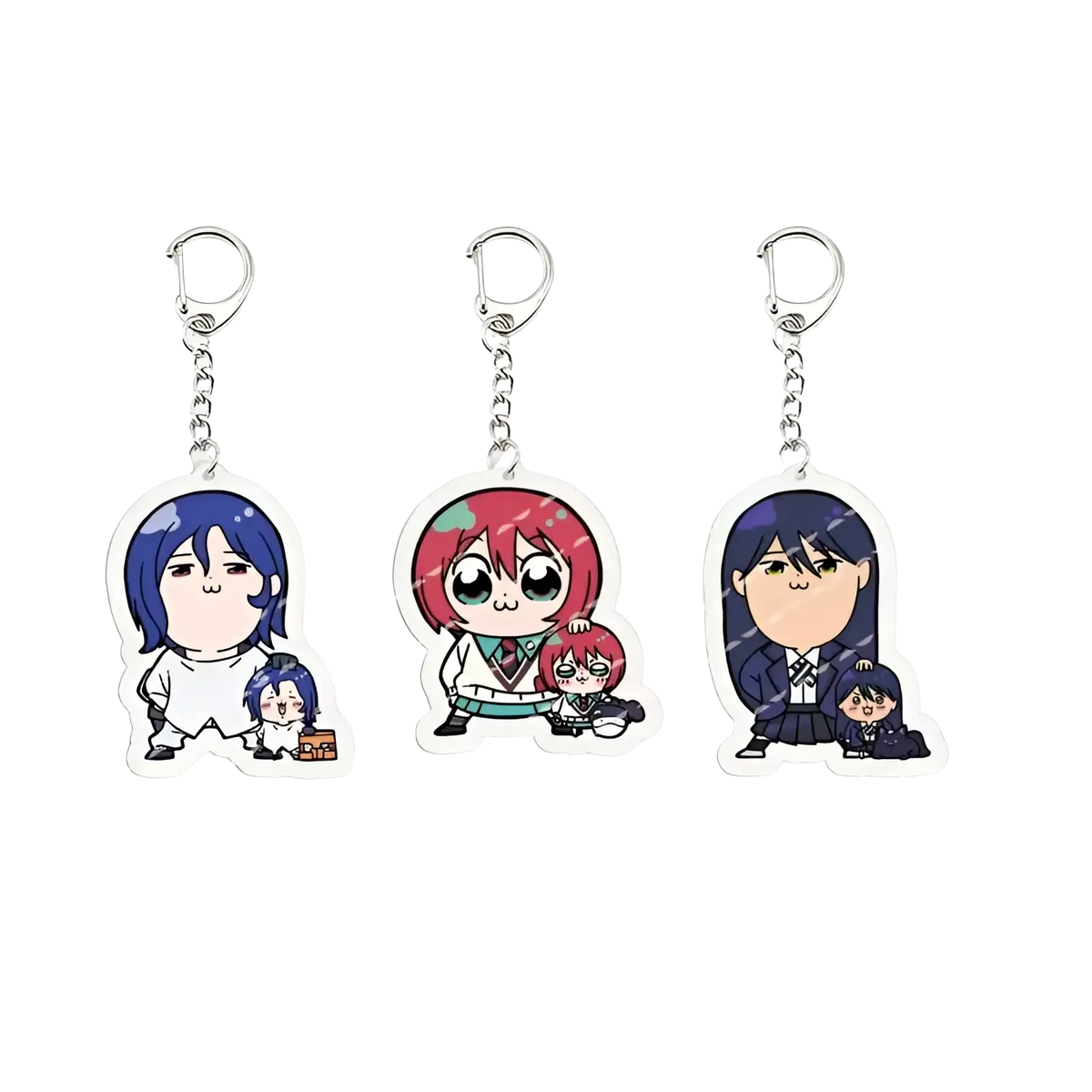 Three anime chibi acrylic keychains featuring vibrant hair colors and school uniforms for decorative use