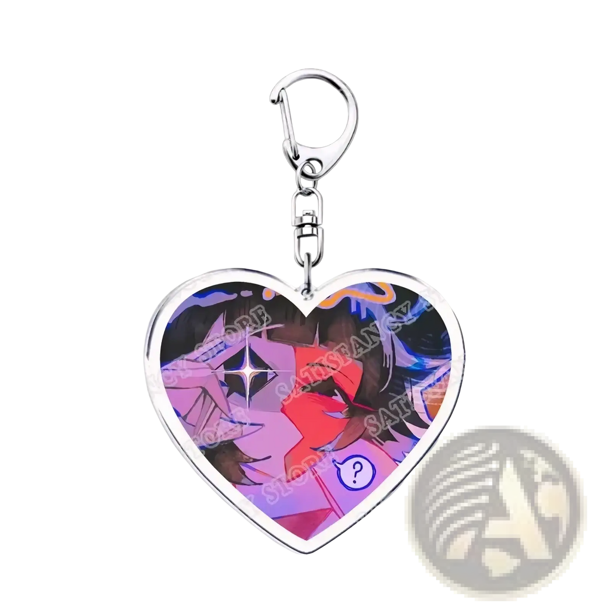 Heart-shaped anime heart acrylic keychain with silver metal frame and clip in vibrant purple pink red and blue hues