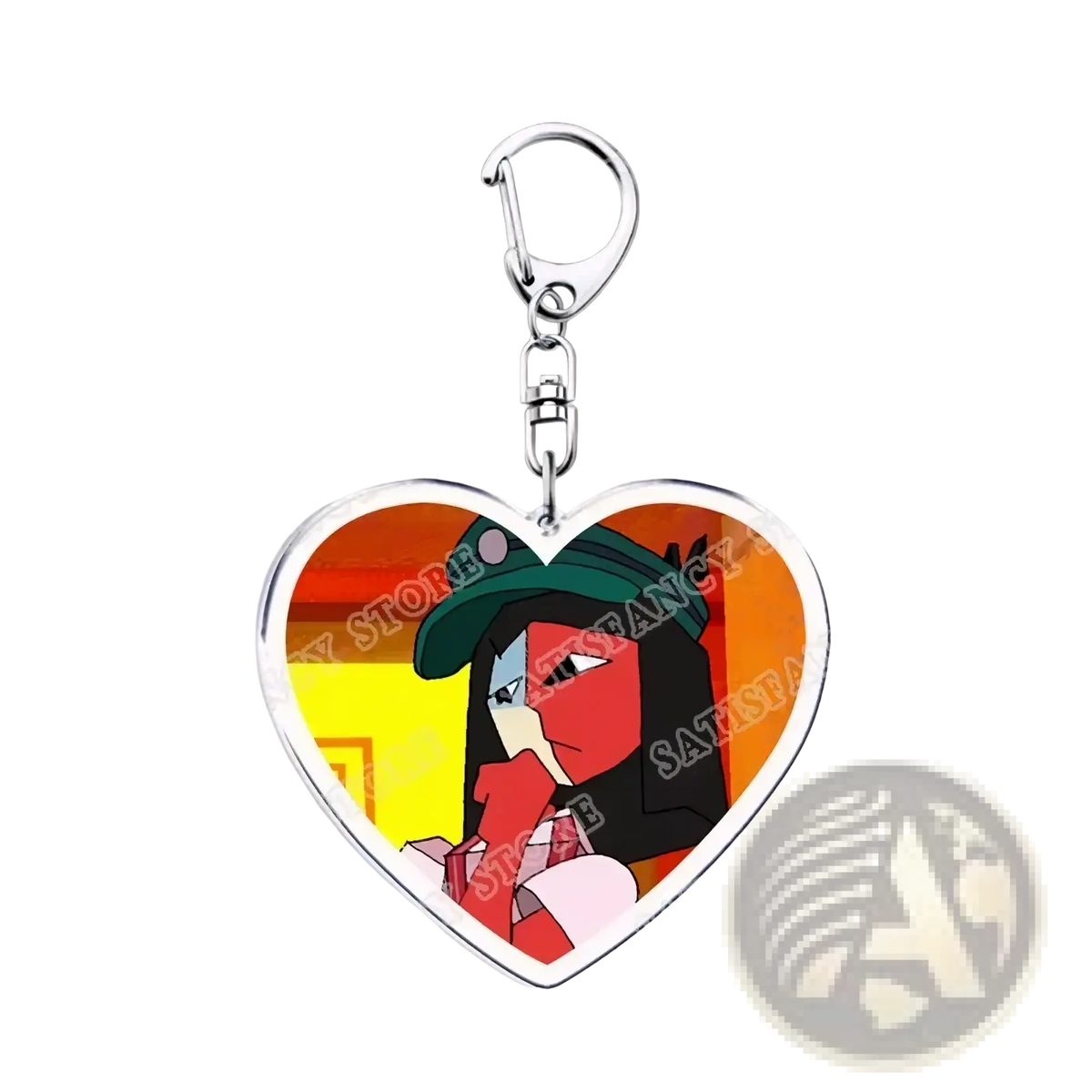 Anime heart acrylic keychain featuring a cartoon character with red and black face, green hat, and pink gloves on orange-yellow background