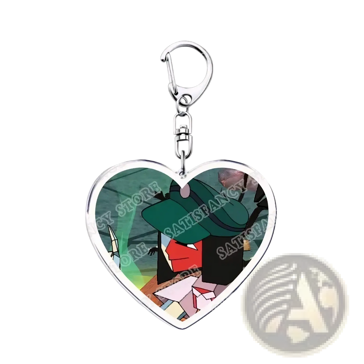 Heart-shaped anime acrylic keychain with silver frame featuring hazbin hotel character in green hat and red face