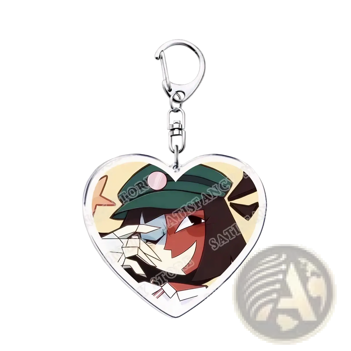 Heart-shaped acrylic anime keychain featuring a cartoon character with dark hair green hat and red face gamer gift