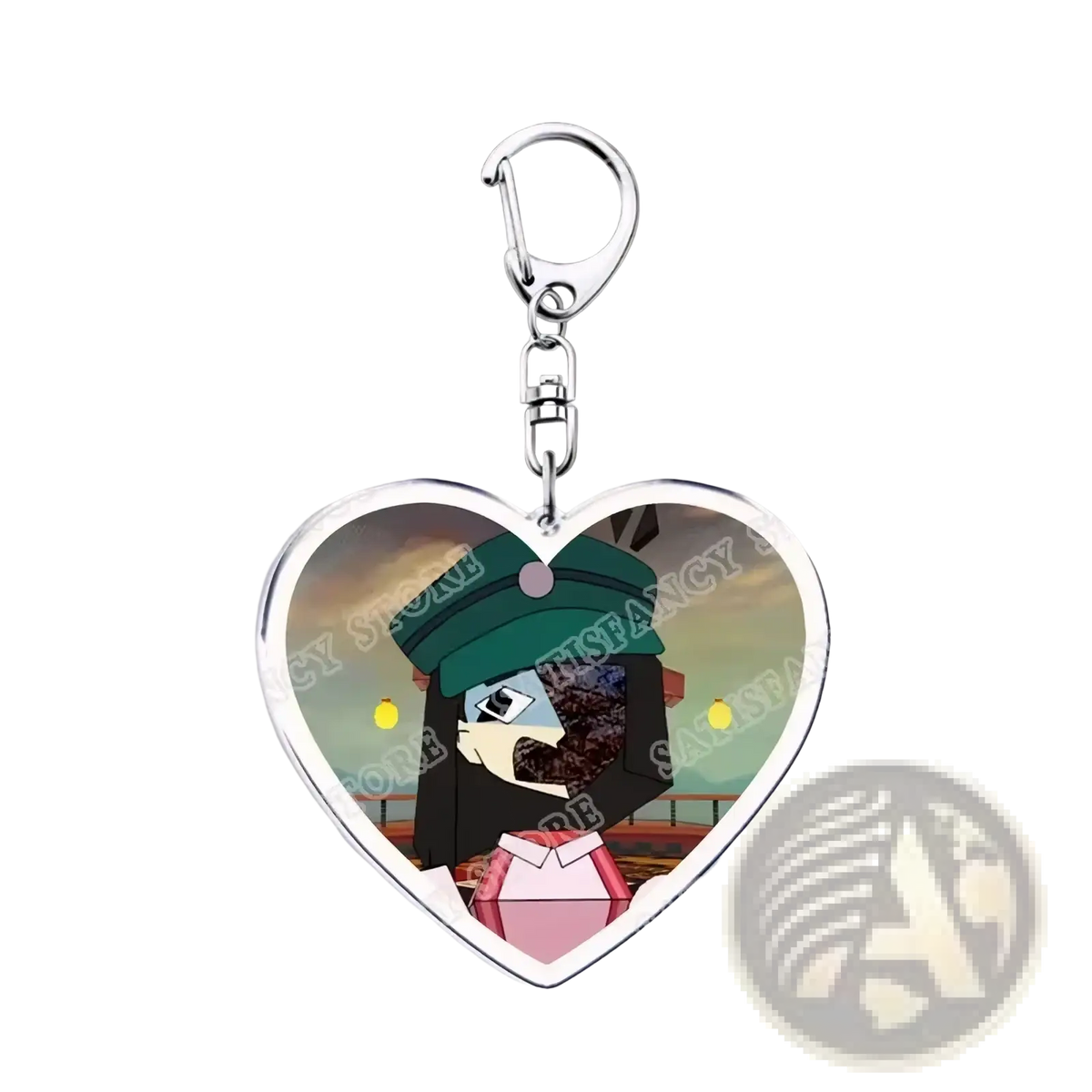 Anime heart acrylic keychain with silver frame and clip featuring character in green hat and pink outfit at sunset backdrop
