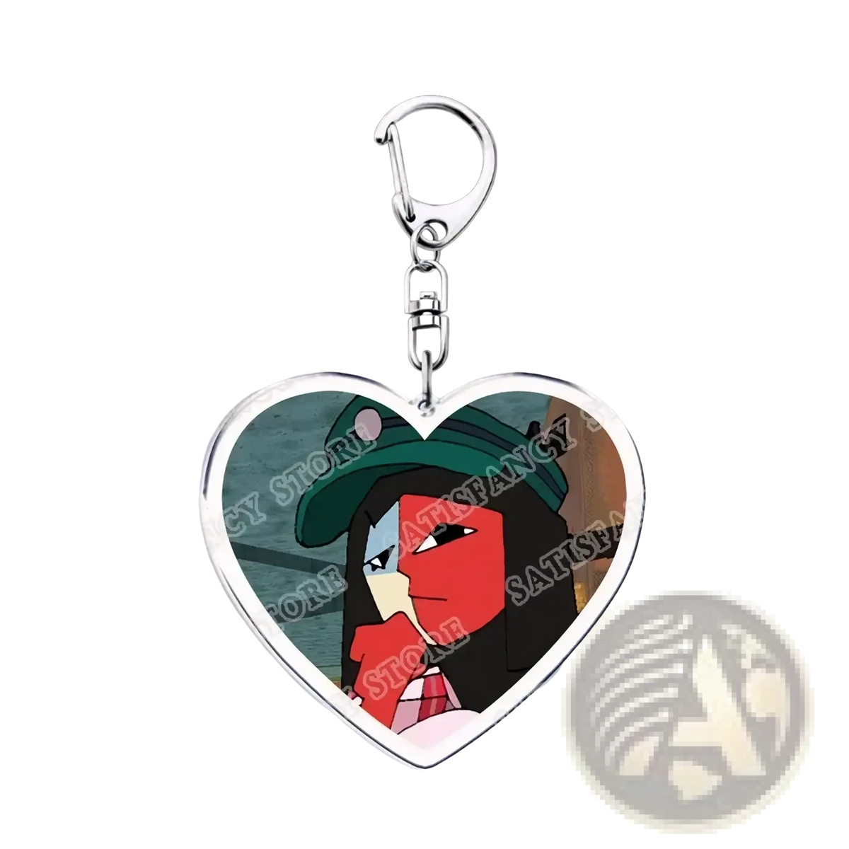 Anime heart acrylic keychain with silver metal frame and clasp featuring a character in a green hat on dark background
