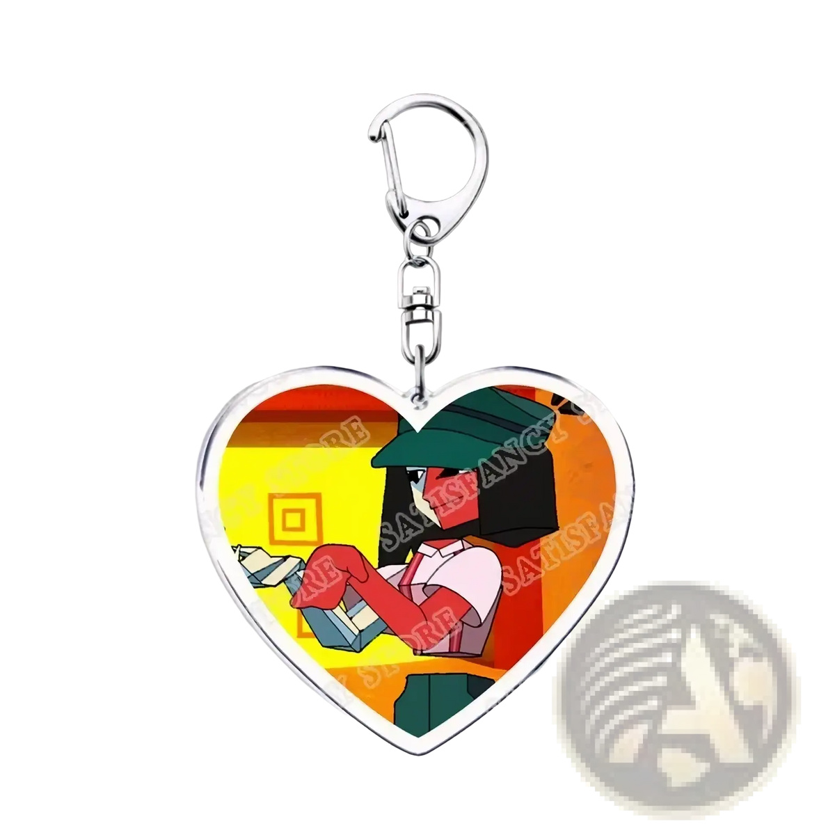 Heart-shaped anime heart acrylic keychain with cartoon character wearing green hat on vibrant orange and yellow background