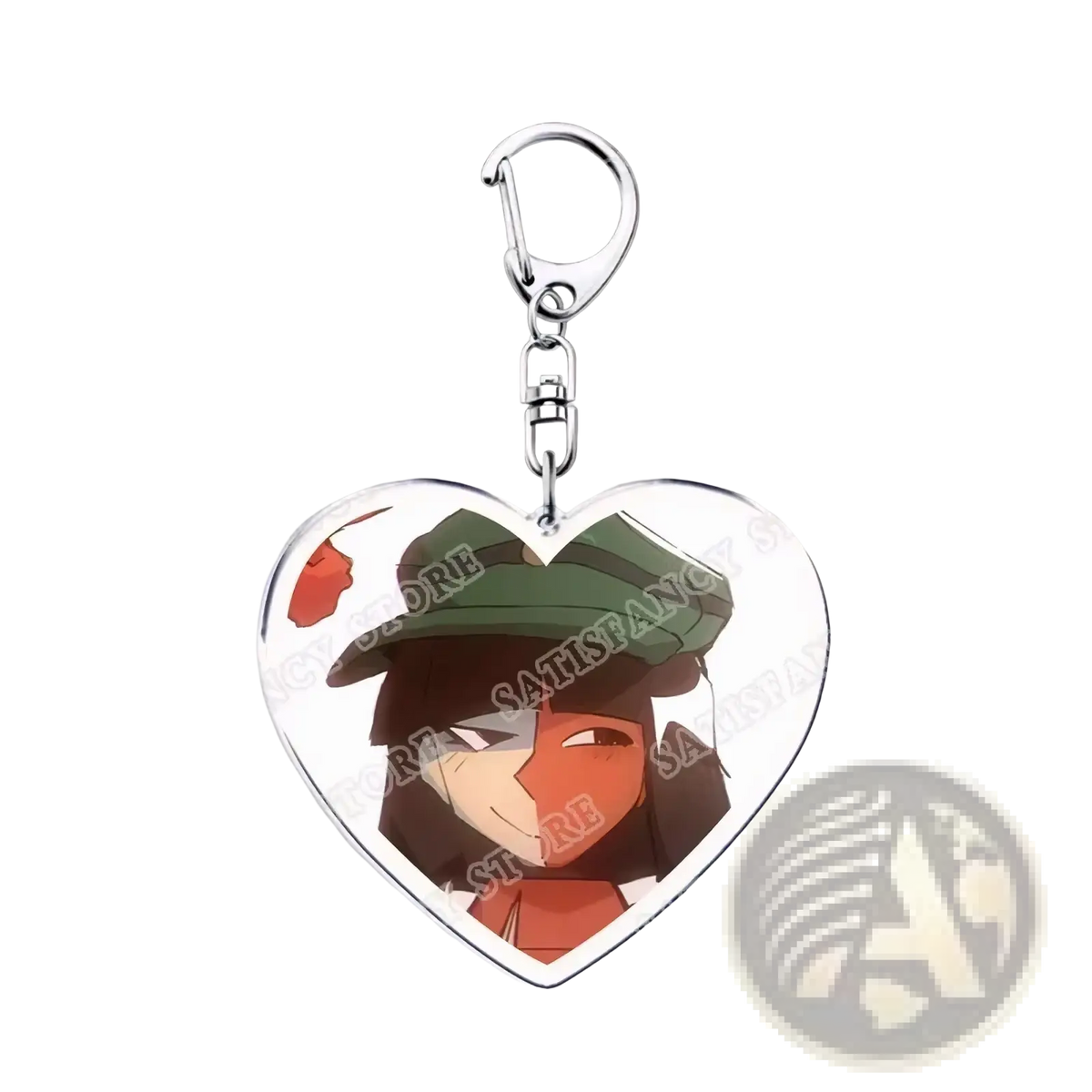 Heart-shaped acrylic keychain featuring a cartoon character with dark hair green hat and orange face paint for gamers