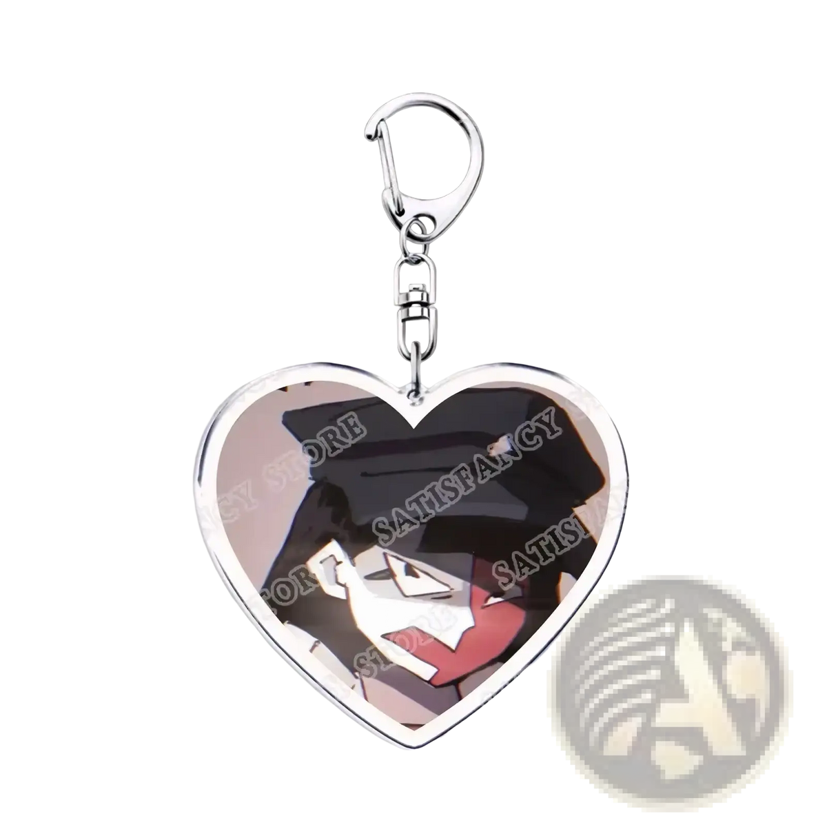 Silver heart-shaped acrylic keychain featuring a glossy anime character illustration in black red and white colors perfect as a gamer gift