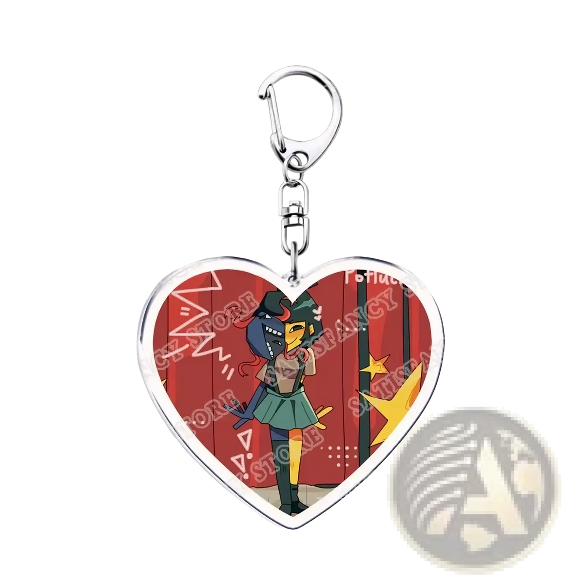 Heart-shaped anime acrylic keychain with a silver metal frame featuring a character in a green skirt on red background