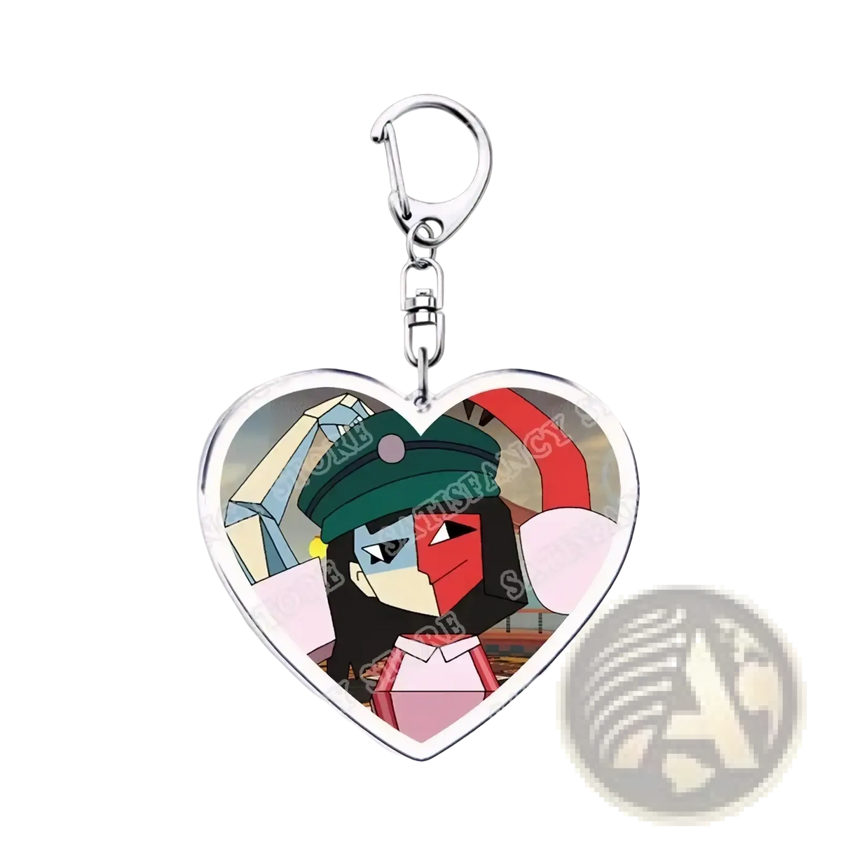 Heart-shaped anime heart acrylic keychain with colorful half-blue half-red cartoon character wearing green cap and pink outfit