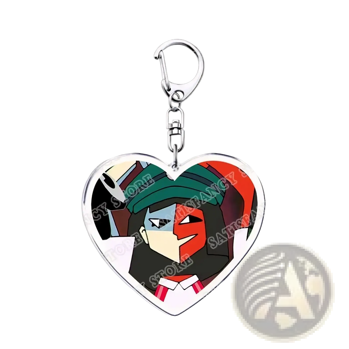 Anime heart acrylic keychain featuring a stylized green and red-haired anime character for gamer gift