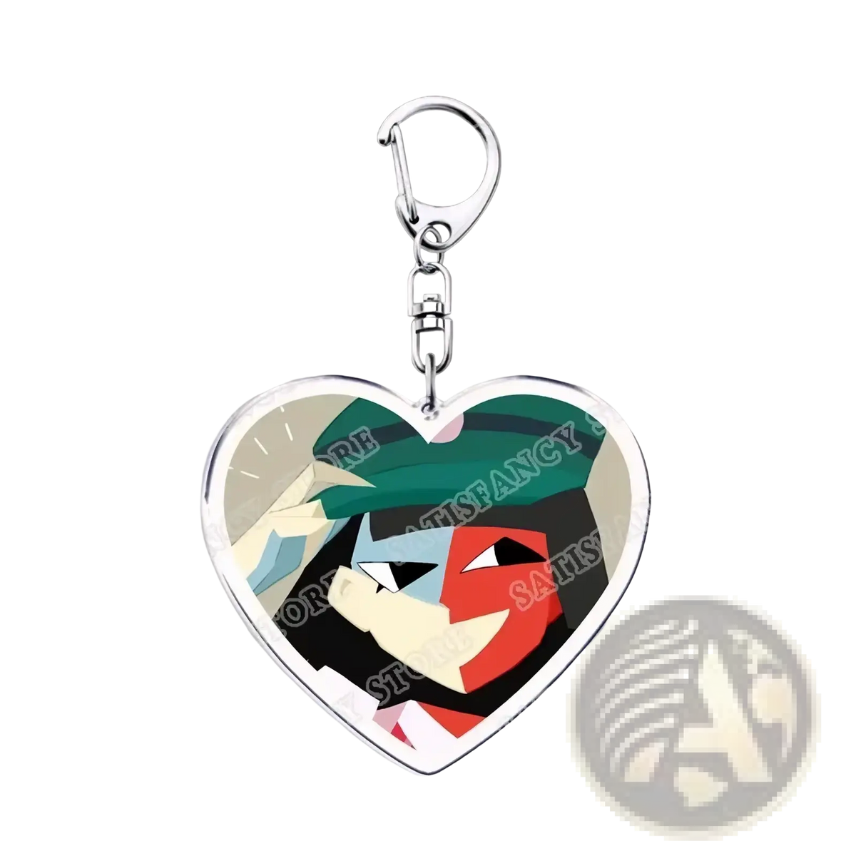 Anime heart acrylic keychain with silver metal frame clasp featuring colorful geometric stylized faces design