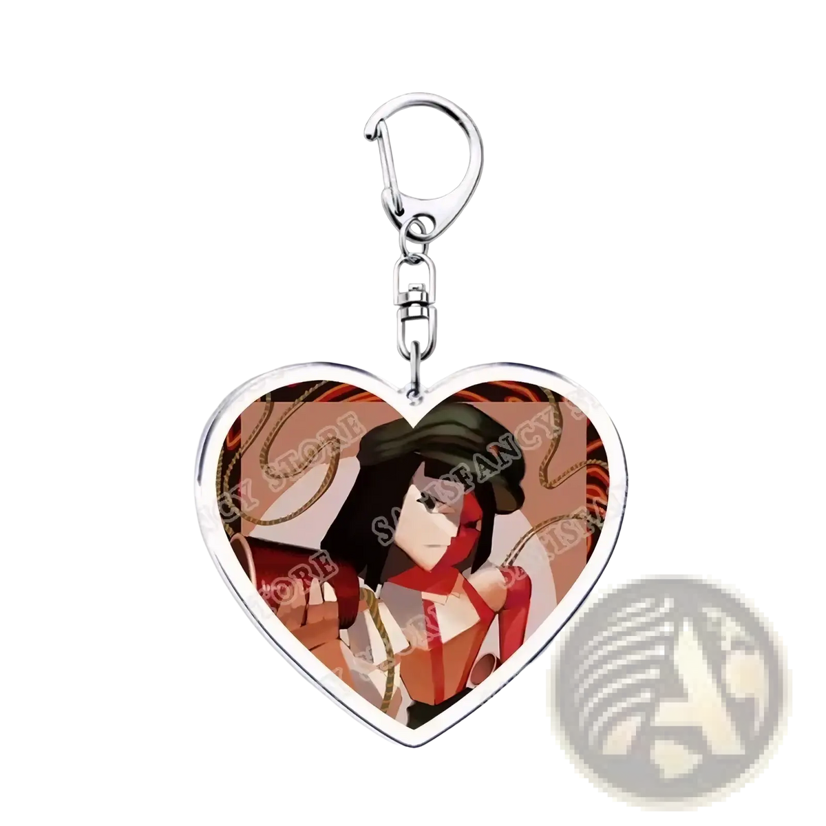 Heart-shaped anime heart acrylic keychain with silver metallic frame and clip featuring a red and black gamer design