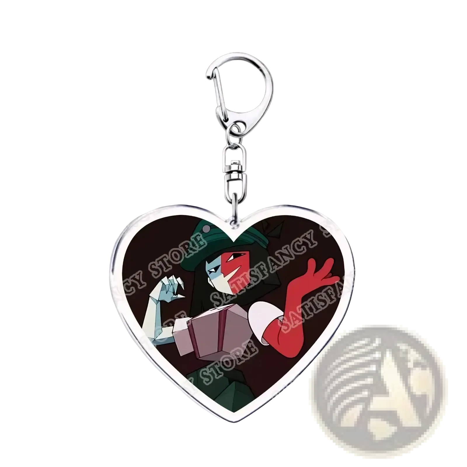 Heart-shaped acrylic anime keychain with red and green cartoon character on dark background gamer gift