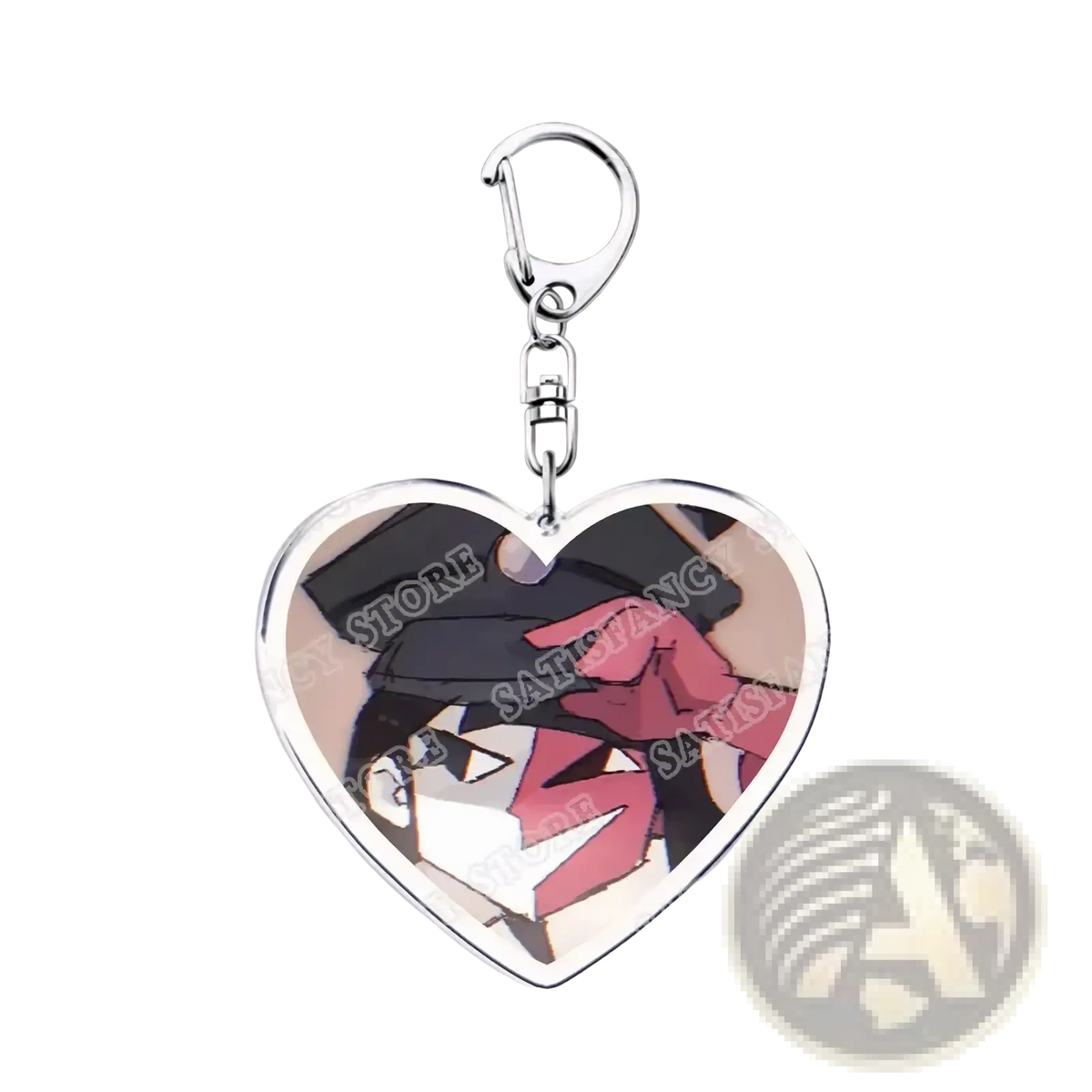 Heart-shaped acrylic anime keychain with silver metal clip featuring a black-haired character with graduation cap