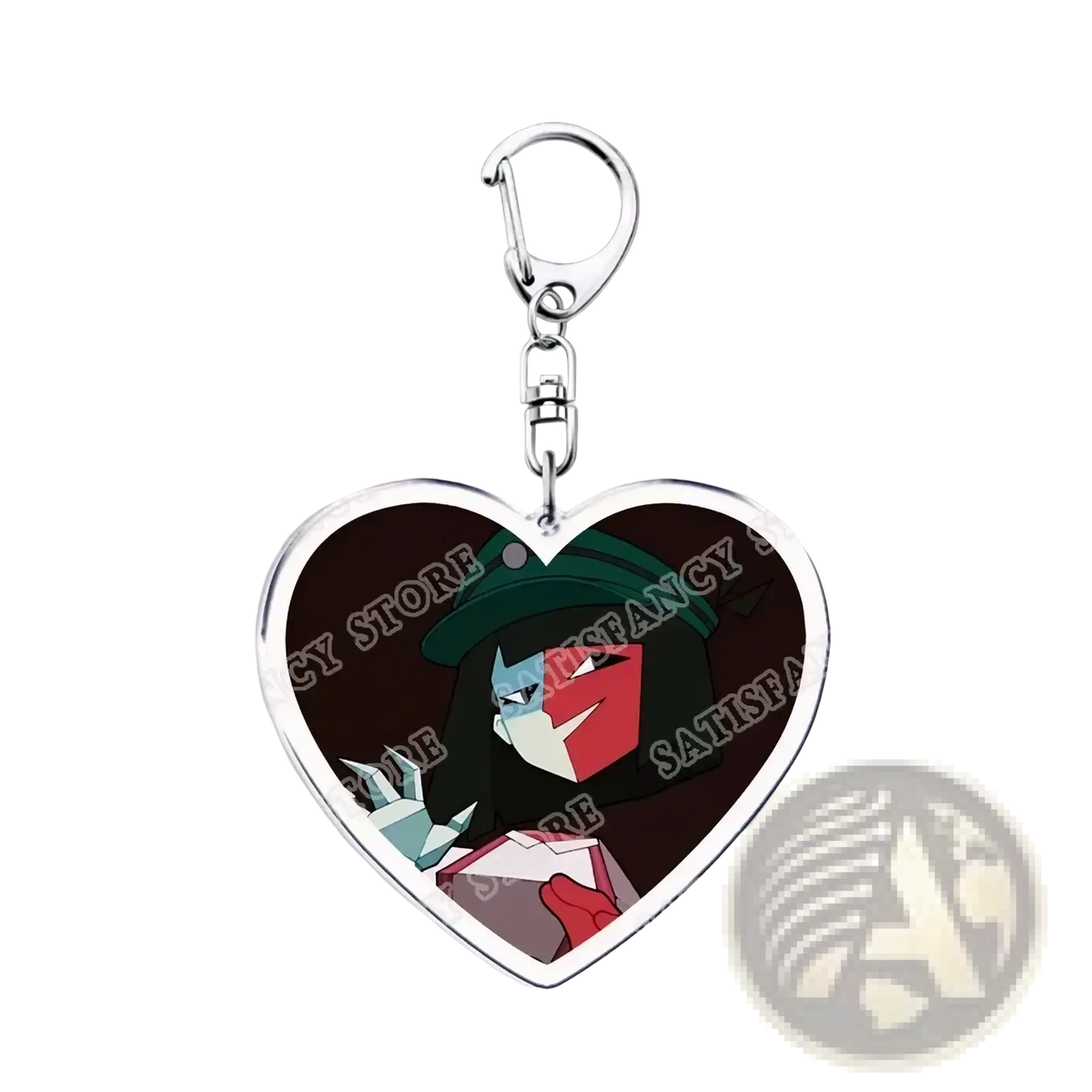 Heart-shaped anime keychain with silver frame and clip featuring Hazbin Hotel character wearing green hat and red mask
