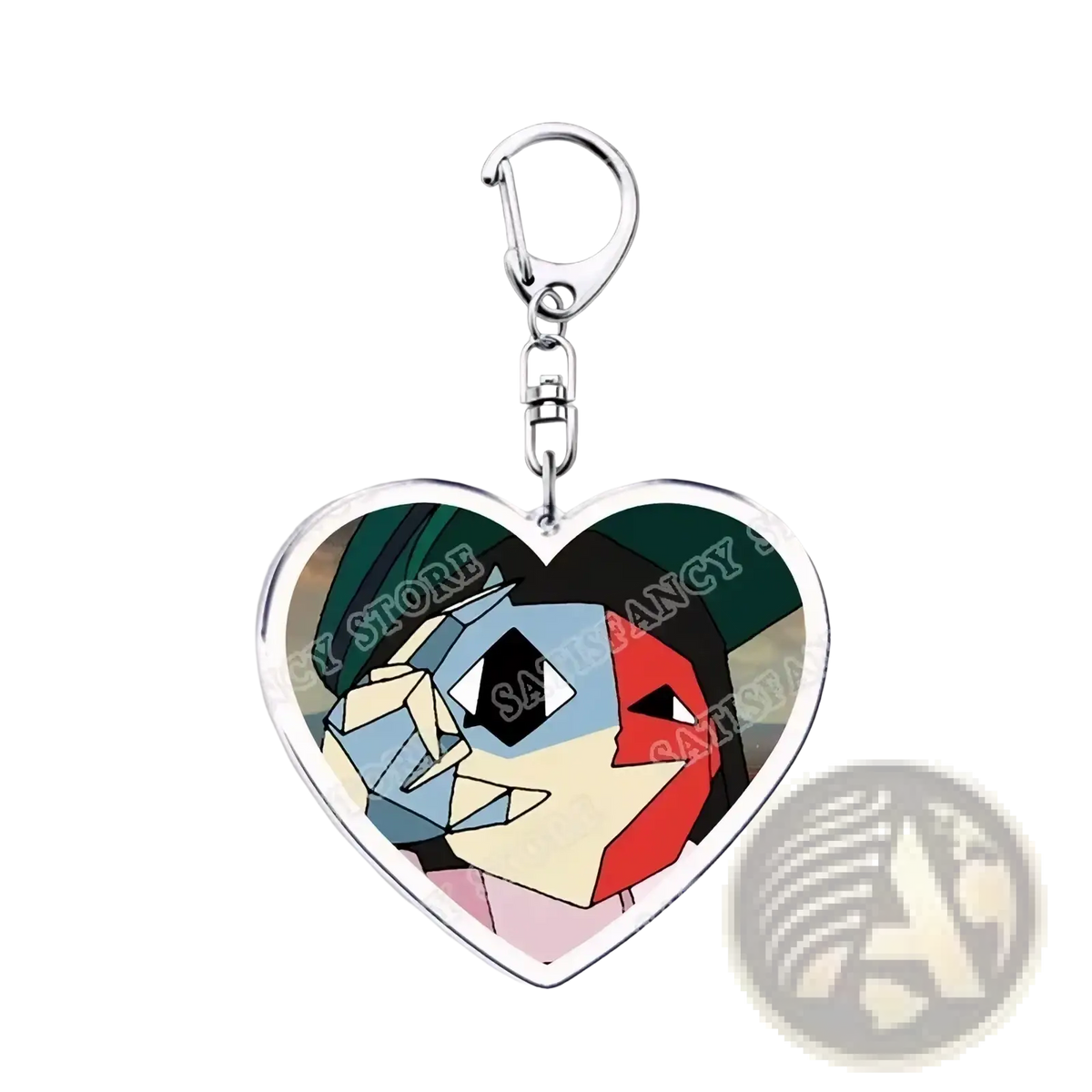 Heart-shaped anime acrylic keychain with silver metal frame and clip featuring geometric stylized faces design