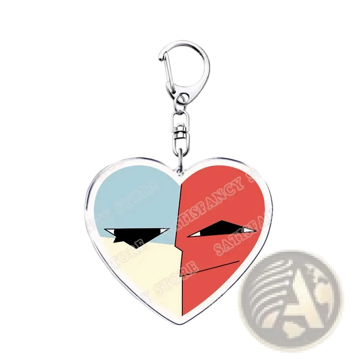 Heart-shaped anime acrylic keychain with silver clasp featuring blue cream and red faces for gamer gift