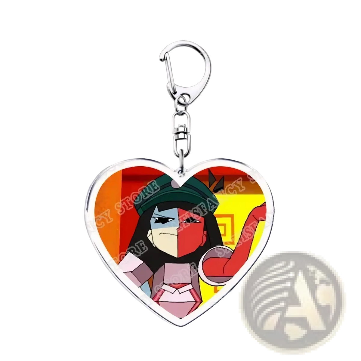 Heart-shaped anime heart acrylic keychain with cartoon character half-blue half-red face green hat pink outfit on orange background