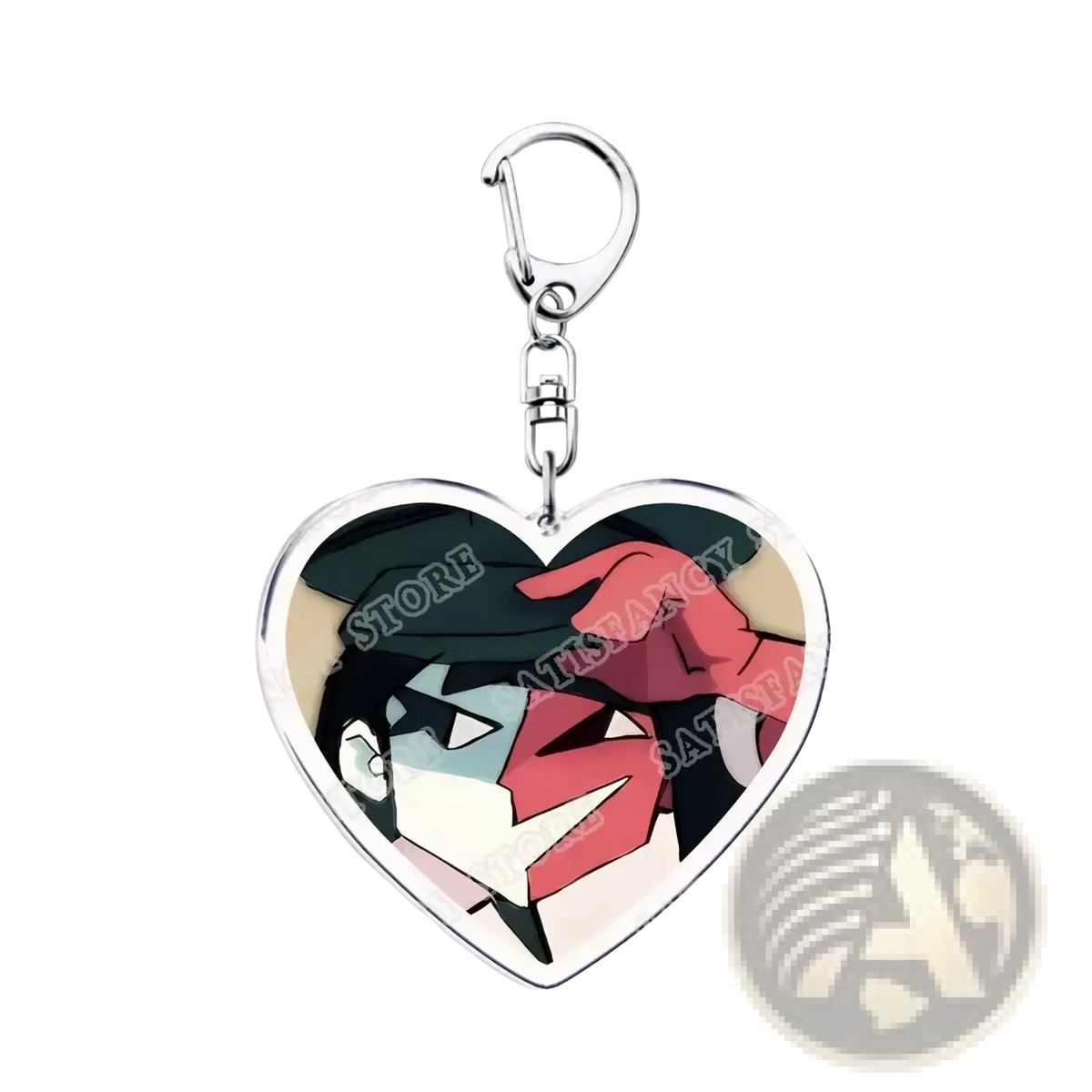 Heart-shaped anime heart acrylic keychain featuring black hair character with red gloves and dark hat gamer gift