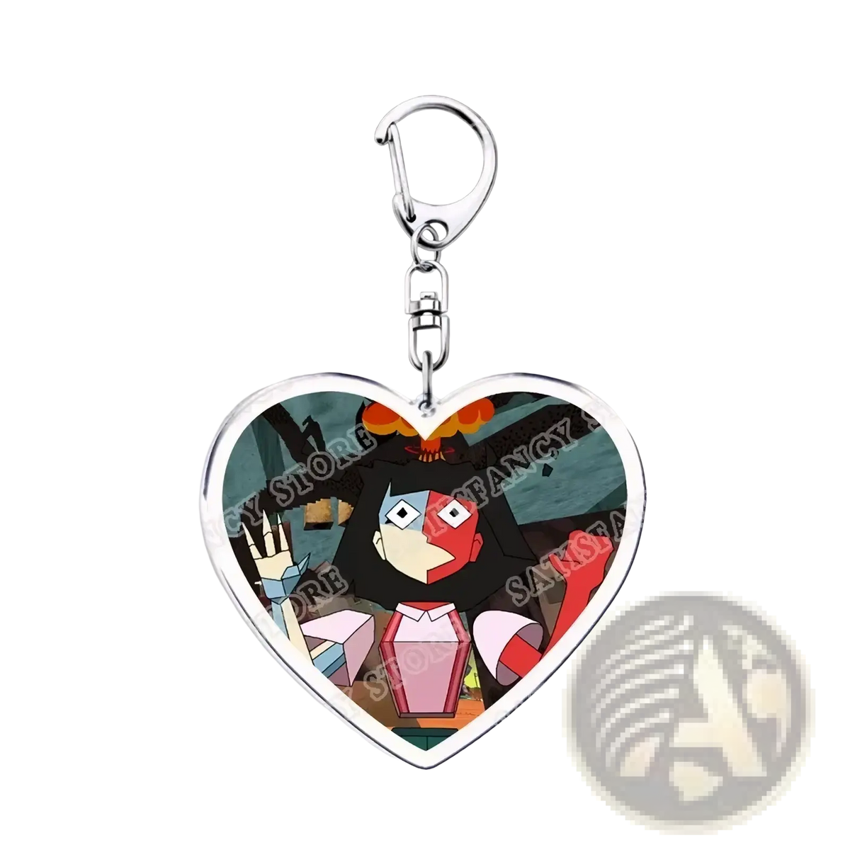 Anime heart acrylic keychain with metallic silver frame and clip featuring black haired anime character with red face markings