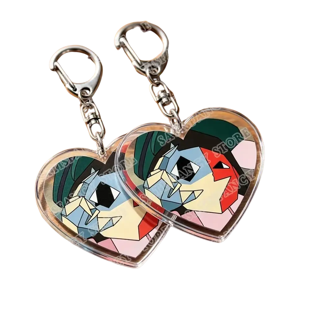 Clear heart-shaped acrylic keychains with colorful geometric portraits of green-haired characters for anime gamer gift