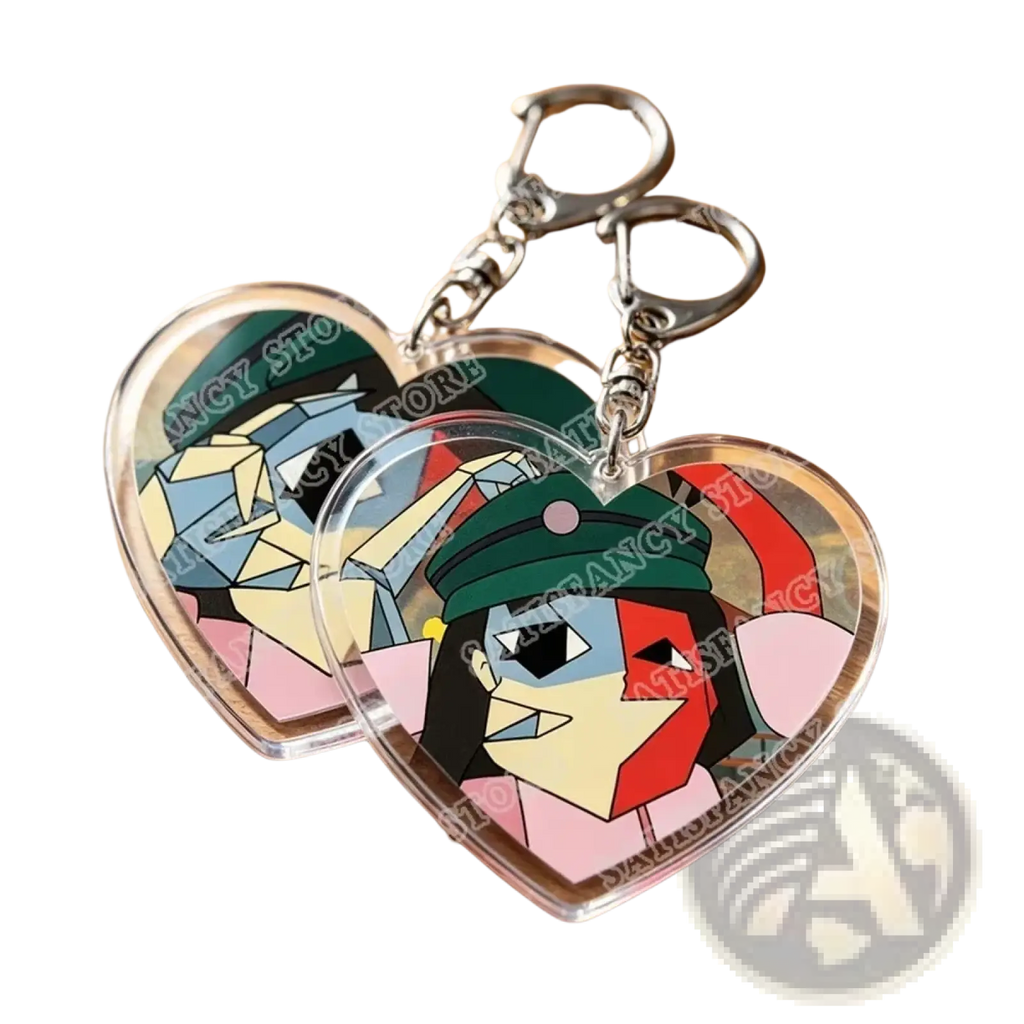 Clear heart-shaped acrylic keychains featuring colorful geometric portraits of characters in green hats and pink outfits