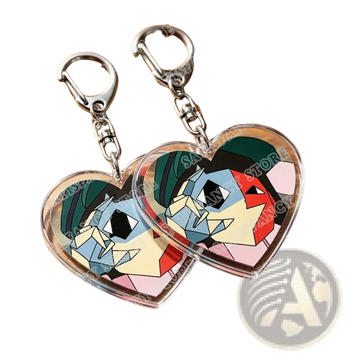 Clear heart-shaped acrylic keychains with colorful geometric portraits of green-haired characters for anime gamer gift