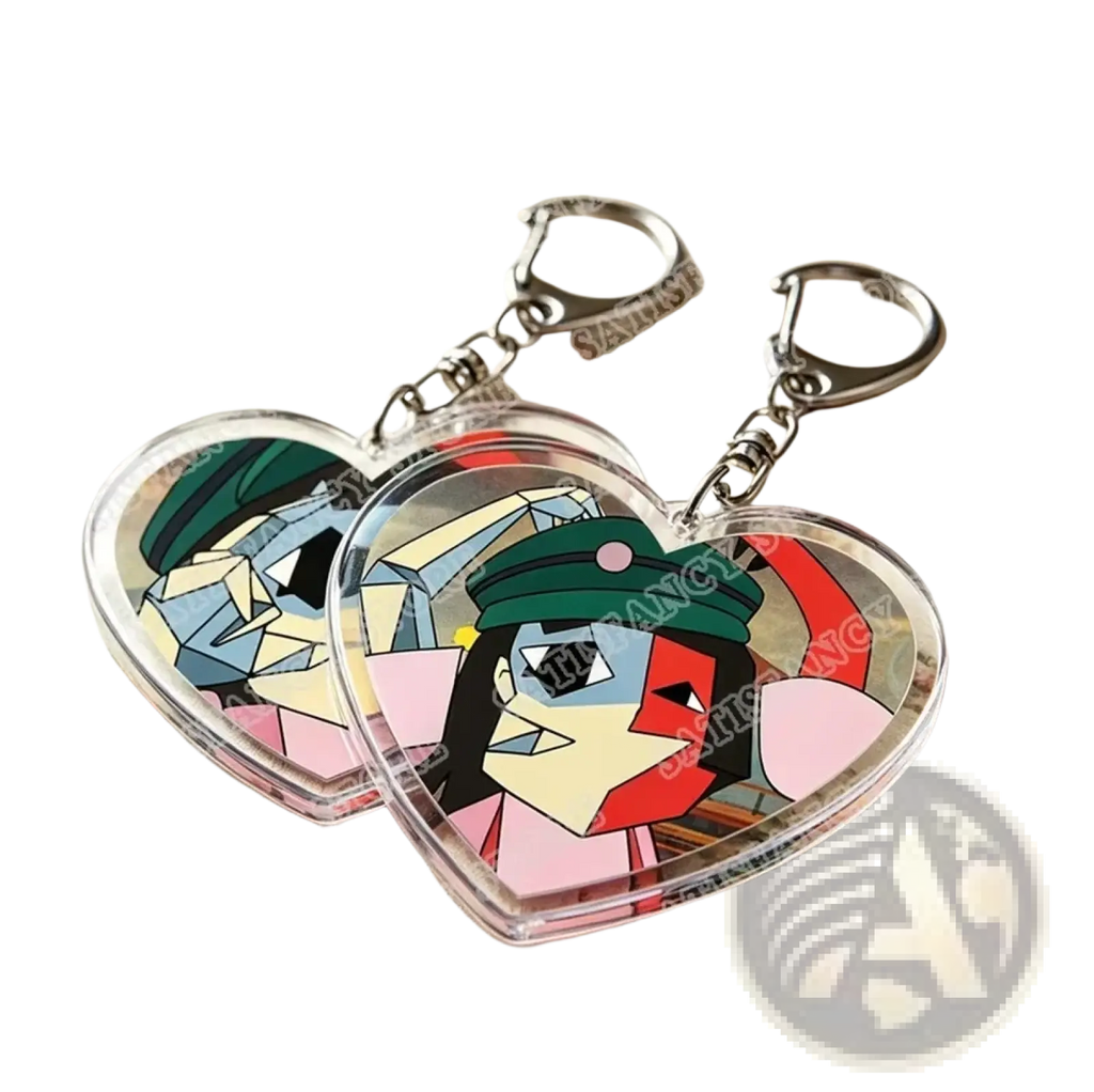 Clear heart-shaped acrylic anime keychains with colorful portraits and silver clasps ideal as gamer gifts